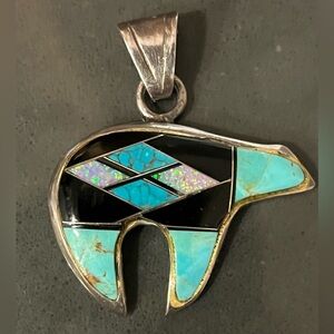 Navajo Glen Sandoval Sterling Medicine Bear Pendant w/Turquoise, Onyx & Opals